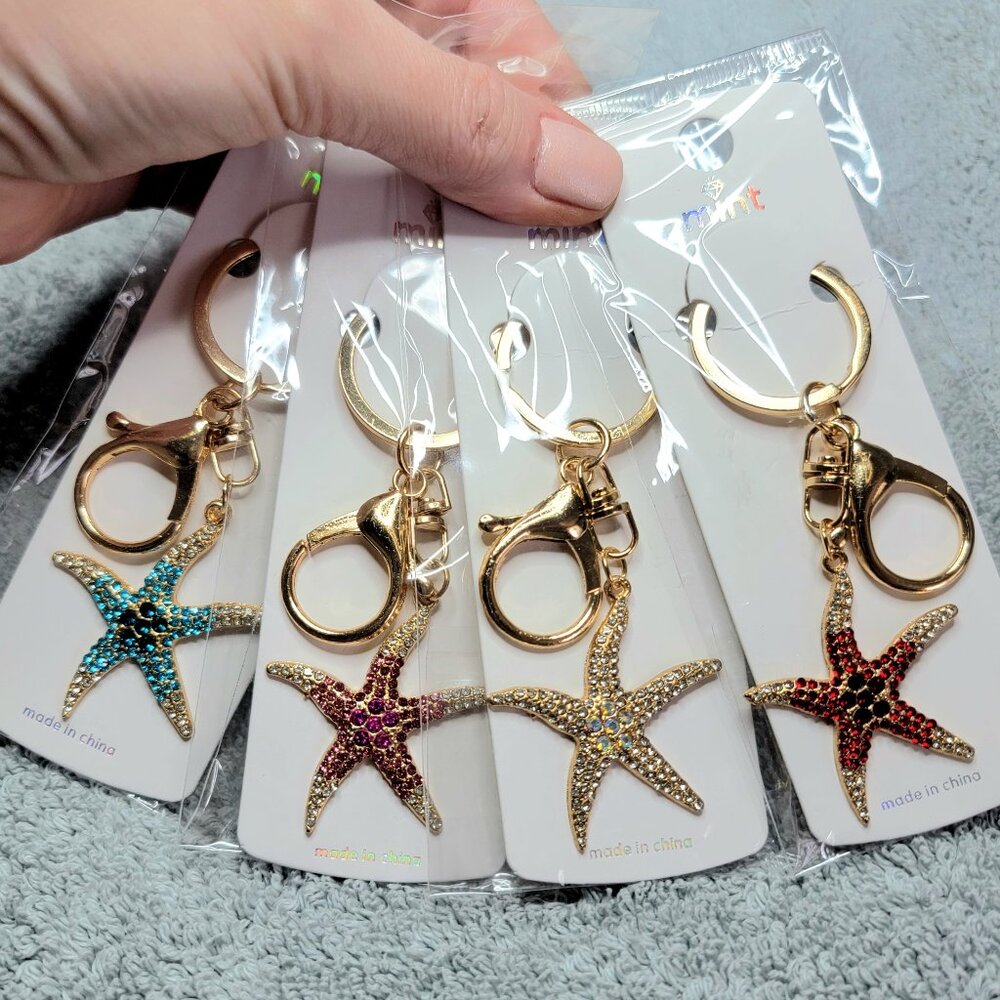 4 Rhinestone Star Fish Keychains / Bag Charms ~ All NEW
